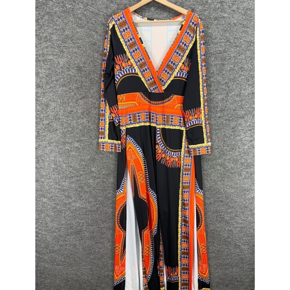 Unbranded Jumpsuit Women XL Black Geometric V-Neck Long Sleeve Straight Casual